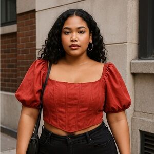 Kirious LA Womens Faux Suede Top Puff Sleeve Corset Style Cropped Cottage XL